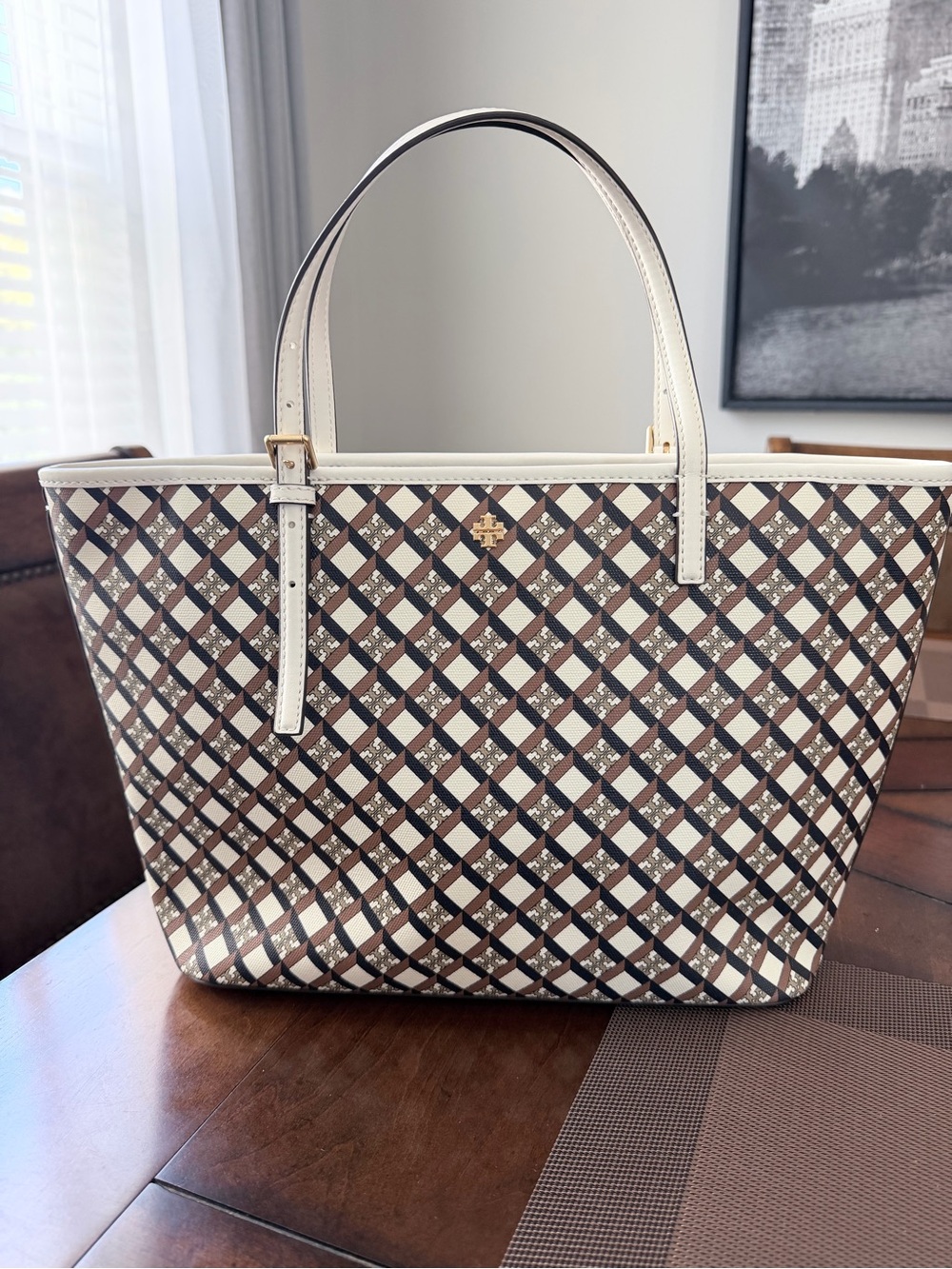 Tory Burch Ivory and Brown Geometric Print Tote